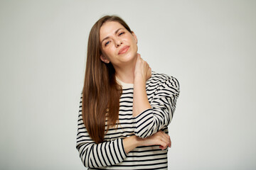 Fototapeta premium Woman with neck pain. isolated female portrait on white background.