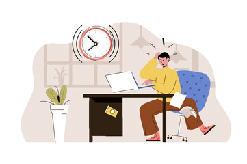 Upcoming deadline concept. Stressed employee rushes to finish task, cannot get in time situation. Work problems people scene. Illustration with flat character design for website and mobile site