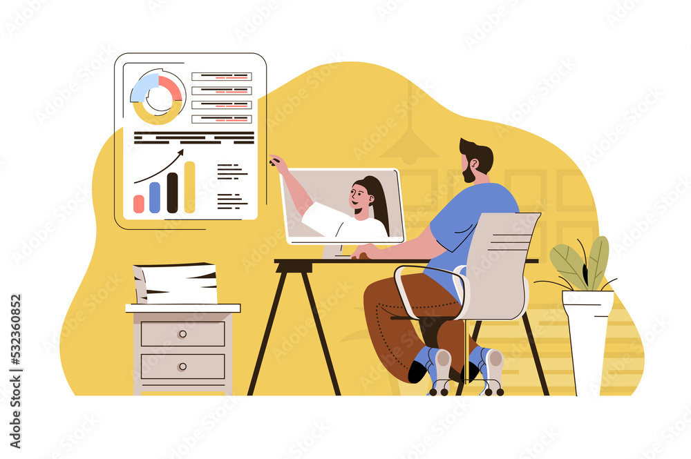 Aufkleber video conference concept. man discussing report with colleague via video chat situation. remote work