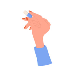 Female hand holding pills. Healthcare and medicine concept. Woman drinks vitamin complex and minerals. Vector illustration in flat cartoon style. Medication and pharmaceutical drug.