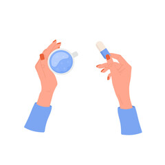 Female hand holding pills. Healthcare and medicine concept. Woman drinks vitamin complex and minerals. Vector illustration in flat cartoon style. Medication and pharmaceutical drug.