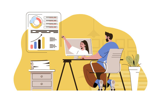 Video conference concept. Man discussing report with colleague via video chat situation. Remote work online people scene. Illustration with flat character design for website and mobile site