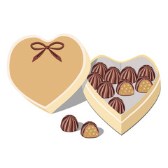 Delicious chocolates in a heart-shaped box, isolated on a white background.Vector dessert composition for festive designs.