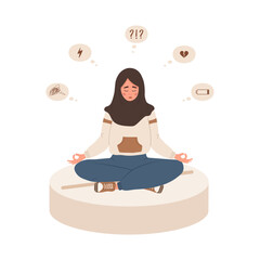 Sad islamic girl is sitting on large pill. Depression drugs. Unhappy woman needs medical help. Psychological illness concept. Vector illustration in flat cartoon style.