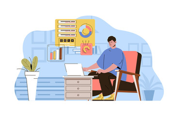 Work from home concept. Employee works online, freelance at home office situation. Comfortable remote workplace people scene. Illustration with flat character design for website and mobile site