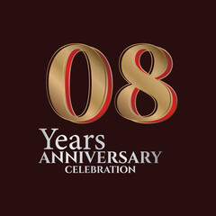 08th Years Anniversary Logo Gold and red Colour isolated on elegant background, vector design for greeting card and invitation card
