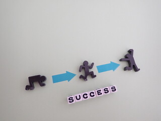 サクセスsuccessの単語と成功を掴み取るポーズをする黒いシルエット