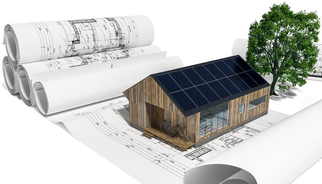 Solarmodule an einem Ferien/Wochenendhaus - 3D Visualization