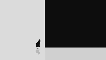Wide shot of a cat's silhouette in white background, copy space. Concept of Loneliness.