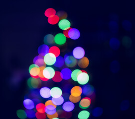 warm and bright Xmas background, blurry view of a Christmas tree