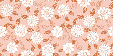 retro vector seamless pattern texture vintage style 70' and 60's flower pattern pink orange flowers and leaves, great for wallpaper background fabric projects. 