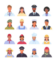 professions avatars. builders doctors cook aviators artists and other professional workers. Vector stylized characters