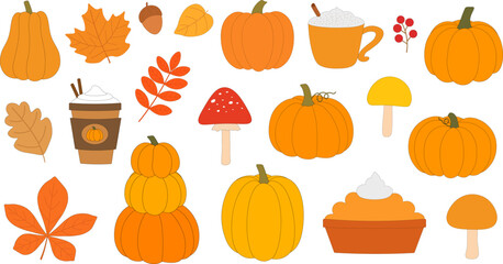 Fall food drink vector illustration. Thanksgiving pumpkins mushrooms leaves
