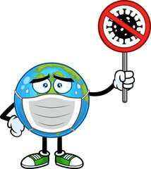 Sick Earth Globe Cartoon Character With Face Mask Holding A Stop Sign. Hand Drawn Illustration Isolated On Transparent Background