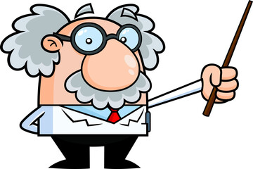 Funny Science Professor Cartoon Character Holding A Pointer Stick. Hand Drawn Illustration Isolated On Transparent Background