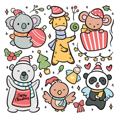 Set of hand drawn cartoon Christmas animal vector illustration