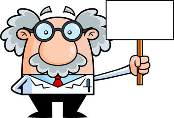 Funny Science Professor Cartoon Character Holding A Blank Sign. Hand Drawn Illustration Isolated On Transparent Background
