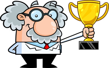 Smiling Science Professor Cartoon Character Holding A Big Golden Cup. Hand Drawn Illustration Isolated On Transparent Background