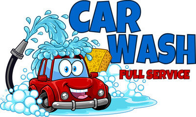 Automobile Cartoon Character Washing Itself Over Car Wash. Hand Drawn Illustration Isolated On Transparent Background