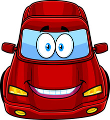 Smiling Cute Car Cartoon Character. Hand Drawn Illustration Isolated On Transparent Background