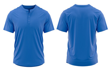 T-shirt henley collar short sleeve with placket and button. jersey fabric texture ( 3d rendered ) Blue