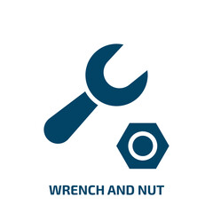 wrench and nut icon from construction tools collection. Filled wrench and nut, nut, wrench glyph icons isolated on white background. Black vector wrench and nut sign, symbol for web design and mobile