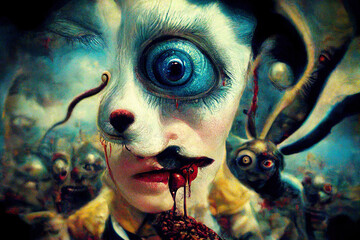 Salvador Dali style painting of alice in wonderland - horror, scary, mutation, morph