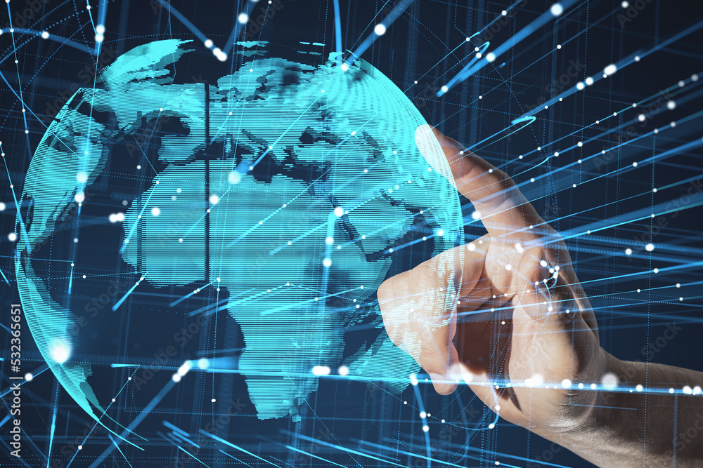 Poster businessman poiabnting at abstract glowing globe hologram with lines on blue background. hand holdin