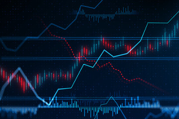 Abstract glowing forex chart on blurry background. Trade, finance, stats. 3D Rendering.