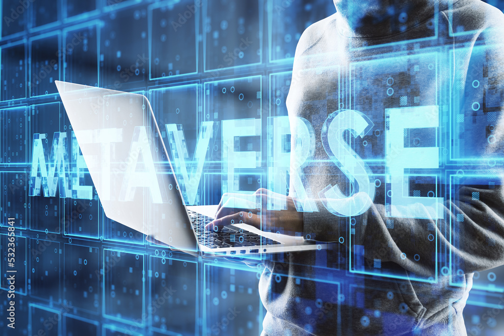 Poster Close up of hacker hands using laptop with glowing metaverse cubes hologram on blurry background. Hacking and future world concept. Double exposure.