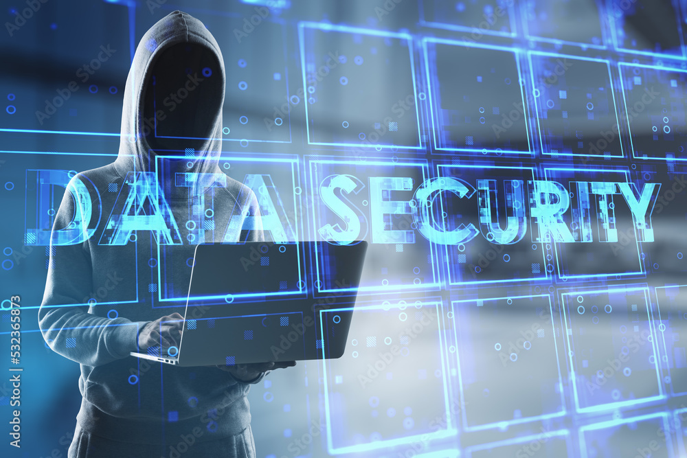Aufkleber Hacker using laptop computer in office with creative blue cubes data security text hologram on blurry background. Technology, hacking, theft, secure and information protection concept