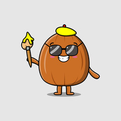 Cute cartoon character Almond nut painter with hat and a brush to draw