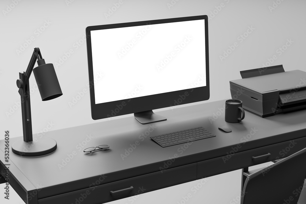 Poster Close up of creative minimalistic designer workplace with furniture, empty white mock up computer monitor and other items. 3D Rendering.