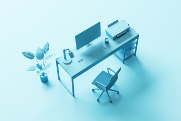 Creative blue minimalistic designer workspace with furniture, computer monitor and other items. 3D Rendering.