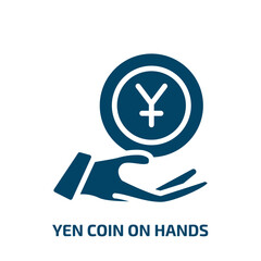 yen coin on hands icon from business collection. Filled yen coin on hands, banking, bank glyph icons isolated on white background. Black vector yen coin on hands sign, symbol for web design and mobile