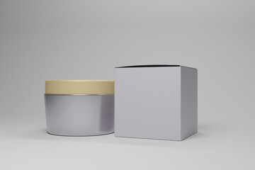 Cosmetic cream jar with box mockup. 3d rendering with white background.  