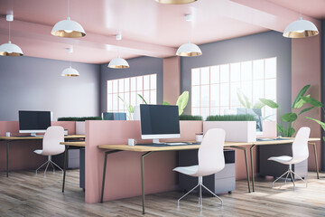 Contemporary concrete and wooden coworking office interior with empty computer monitor, furniture, partitions, decorative plant in flowerpot and window with city view and daylight. 3D Rendering.