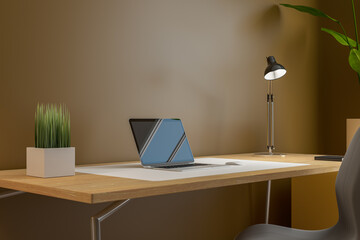 Contemporary dark designer office workplace with various items, laptop, decorative plant and lamp. Workspace and home concept. 3D Rendering.