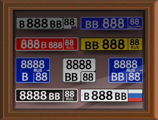 Vector collection of expensive lucky Russian car license plates with 888 and letters BBB and in a frame under glass. The numbers are blue police, black military, red diplomatic, yellow taxi and others