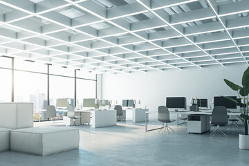 Fototapeta na wymiar Clean concrete coworking office interior with furniture, equipment and window with city view, daylight. 3D Rendering.