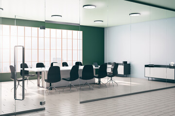 Clean empty bright meeting room interior with furniture, glass wall and daylight. 3D Rendering.