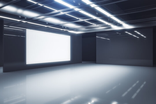 Modern futuristic gallery interior with empty white mock up poster on wall. 3D Rendering.
