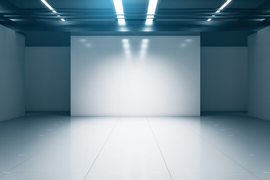 Clean futuristic gallery interior with mock up place. 3D Rendering.