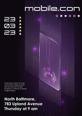 Fototapeta premium Sci-Fi neon layout futuristic flyers, placards, brochures with 3d phone and holographic scheme. Isometric vector template mobile telephone with hi-tech background and elements
