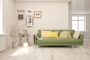 White living room with sofa. Scandinavian interior design. 3D illustration