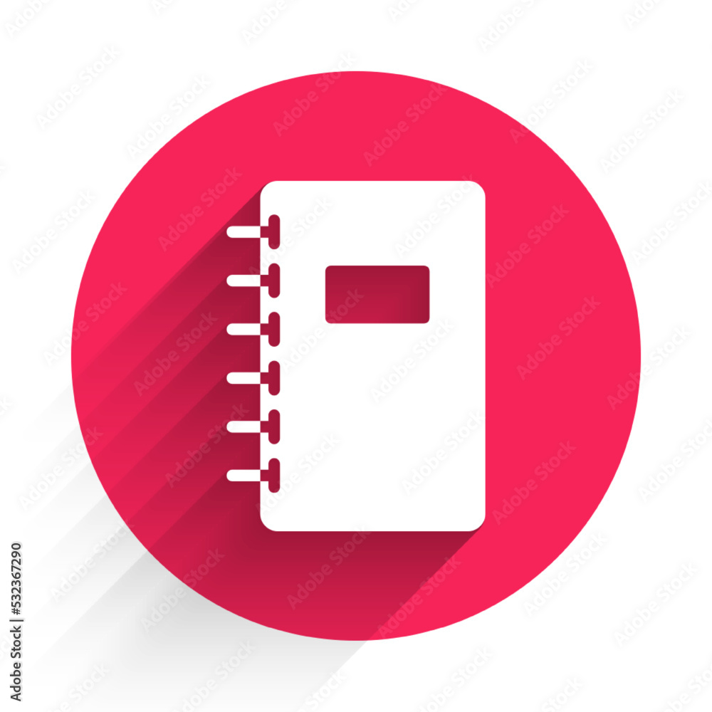 Poster white notebook icon isolated with long shadow. spiral notepad icon. school notebook. writing pad. di
