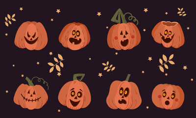 Pack halloween pumpkins in dark background illustration