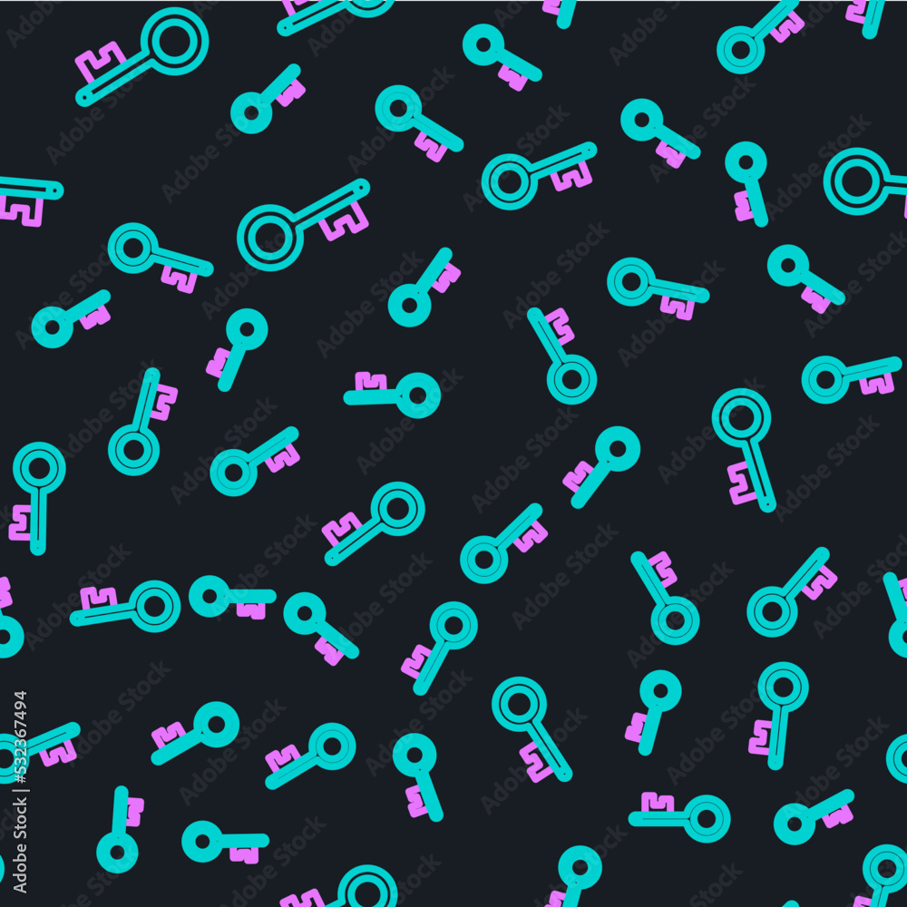 Poster line old key icon isolated seamless pattern on black background. vector