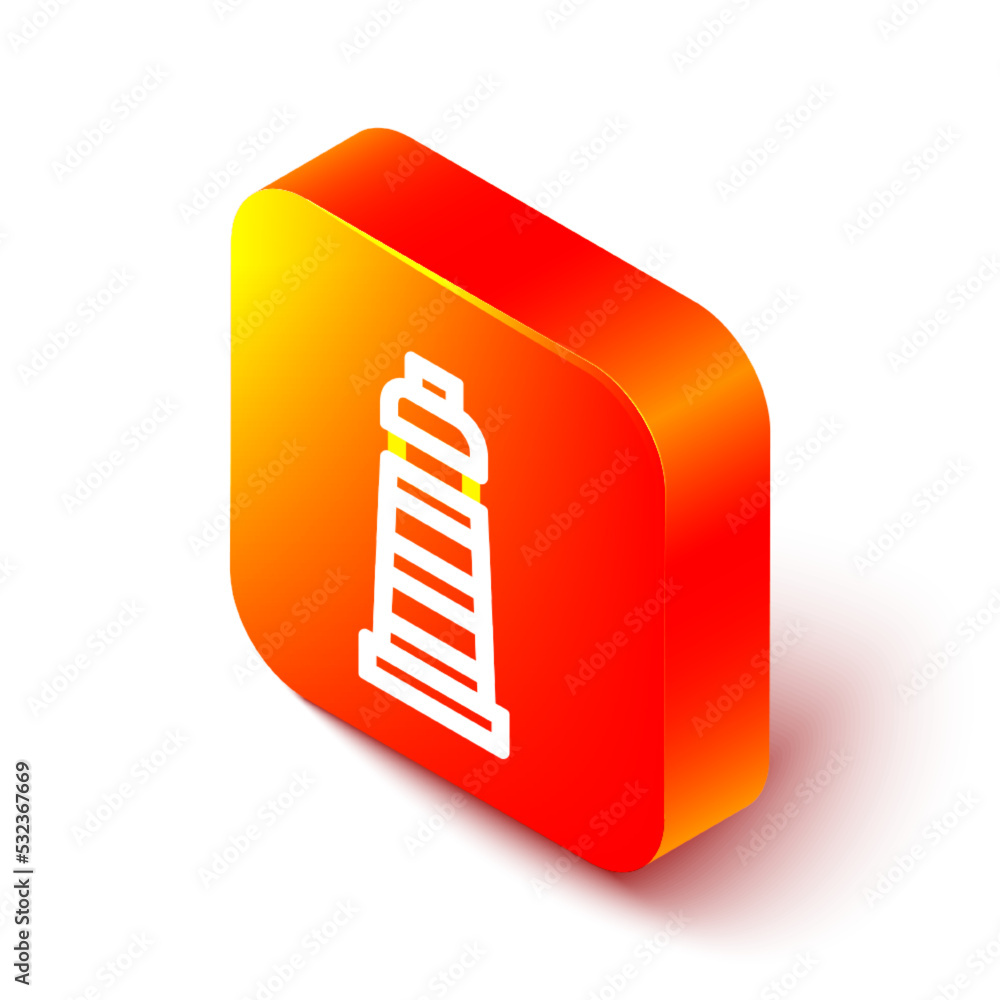 Poster isometric line lighthouse icon isolated on white background. orange square button. vector