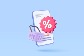 3d mobile phone with price tags for online shopping concept. Basket with promotion tag discount coupon of cash for future, special offer promotion. 3d price tags icon vector render illustration
